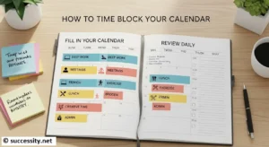 A person's hands organizing a weekly calendar, illustrating the 5-step guide to mastering the time blocking method for ultimate productivity.