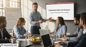 Professionals using effective communication skills in the workplace to boost productivity