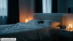 A serene bedroom environment designed to improve sleep quality with calm lighting