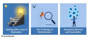 Illustration of a person overcoming roadblocks on their personal growth journey to achieve success