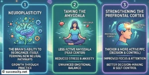 Illustration showing how meditation changes your brain structure through neuroplasticity to improve mental health