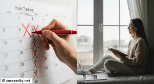 A notebook and charts used to track and measure self-development skills, showcasing how to calculate personal growth progress and productivity