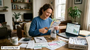 A person's hands carefully mending a piece of clothing, illustrating a smart lifestyle adjustment to reduce monthly expenses through DIY skills and frugal living.