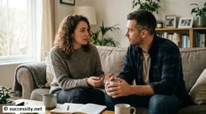 A smiling couple having an empathetic conversation, showing how high emotional intelligence transforms romantic relationships and deepens connection.