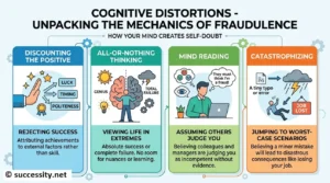 A visual guide detailing cognitive distortions and self-limiting beliefs linked to imposter syndrome
