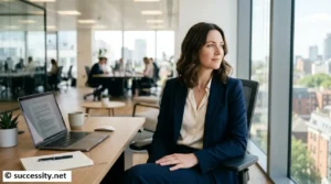 Professional woman taking a covert micro-break to stretch at her desk, demonstrating effective self-care at work to maintain energy and productivity.