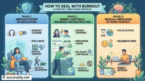 A structured visual guide outlining how to deal with burnout through a systematic three-phase recovery protocol.